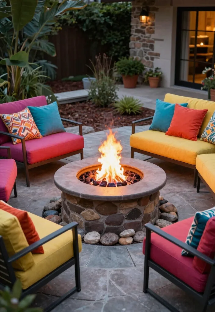 15 Colorful Patio Decorating Ideas That Pop Beautifully - 11. Outdoor Fire Pit with Colorful Surroundings 1