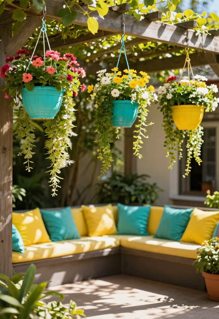 15 Colorful Patio Decorating Ideas That Pop Beautifully - 2. Fun Hanging Baskets 1