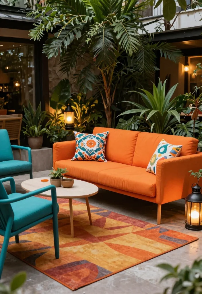 15 Colorful Patio Decorating Ideas That Pop Beautifully - 3. Cozy Outdoor Seating with Color 1