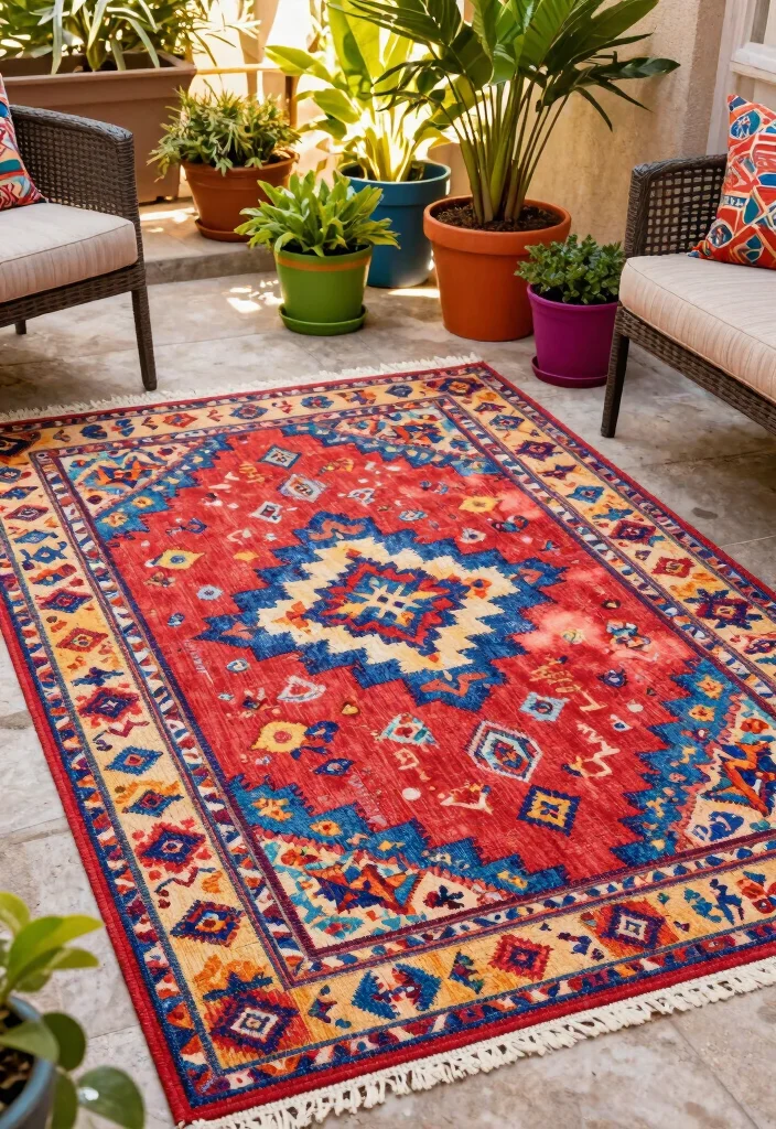 15 Colorful Patio Decorating Ideas That Pop Beautifully - 6. Patterned Outdoor Rugs 1