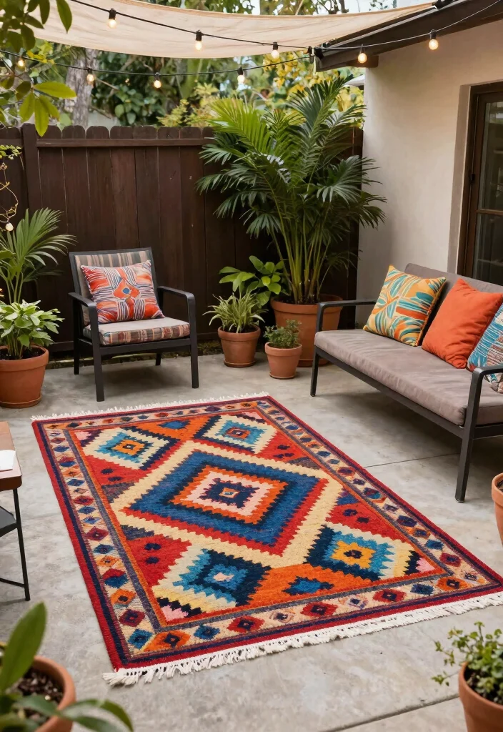 15 Concrete Patio Makeover Ideas With Stunning Results - 1. Add Colorful Outdoor Rugs 1