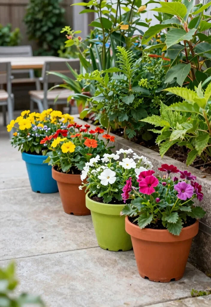 15 Concrete Patio Makeover Ideas With Stunning Results - 8. Use Colorful Planters 1