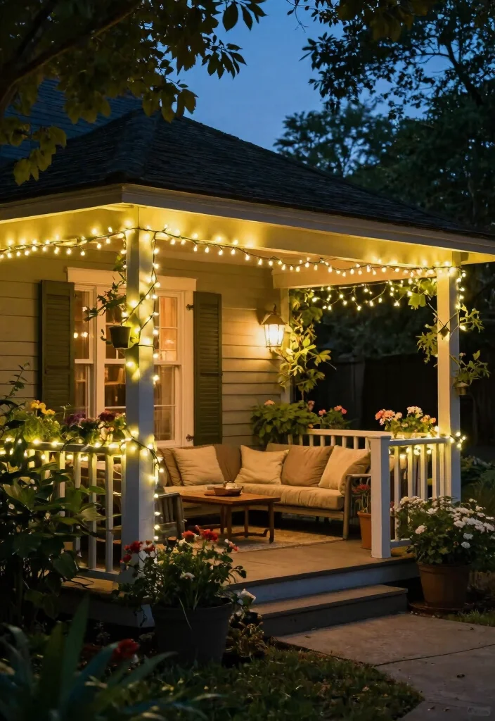 15 Front Yard Lighting Ideas That Boost Curb Appeal at Night - 2. String Lights for a Cozy Ambiance 1