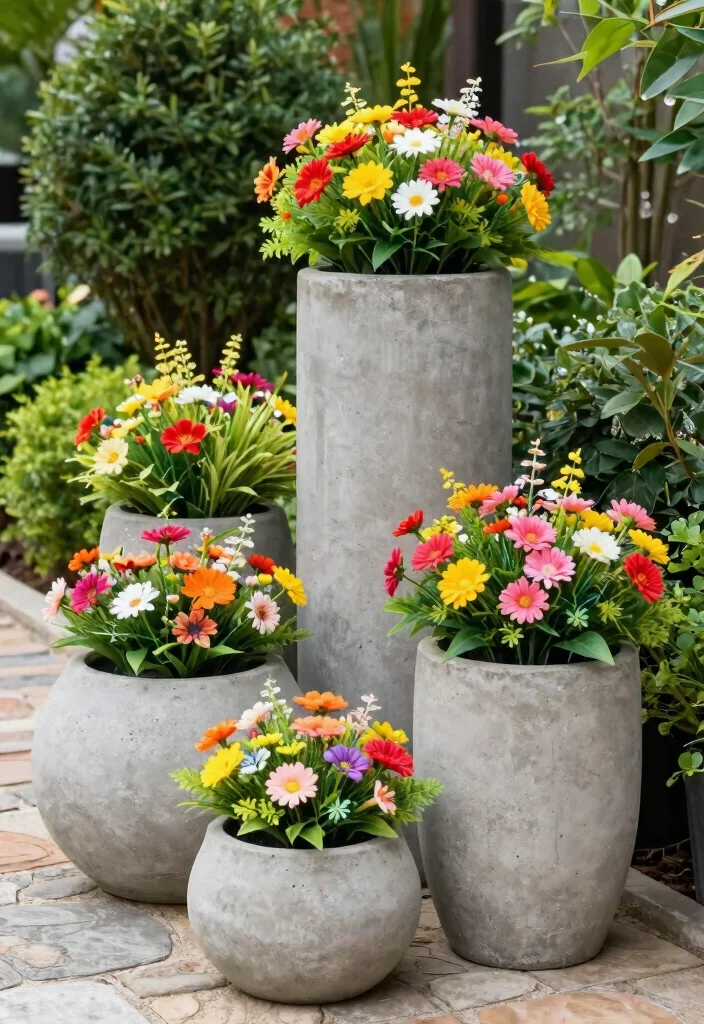 15 Outdoor Fake Flower Pot Ideas With Low Maintenance Charm 10 15 Outdoor Fake Flower Pot Ideas With Low Maintenance Charm - 10. Classic Concrete Planters 1