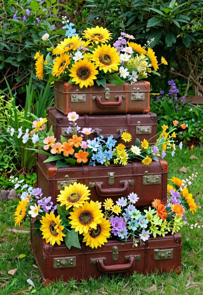 15 Outdoor Fake Flower Pot Ideas With Low Maintenance Charm 13 15 Outdoor Fake Flower Pot Ideas With Low Maintenance Charm - 13. Charming Vintage Suitcases 1