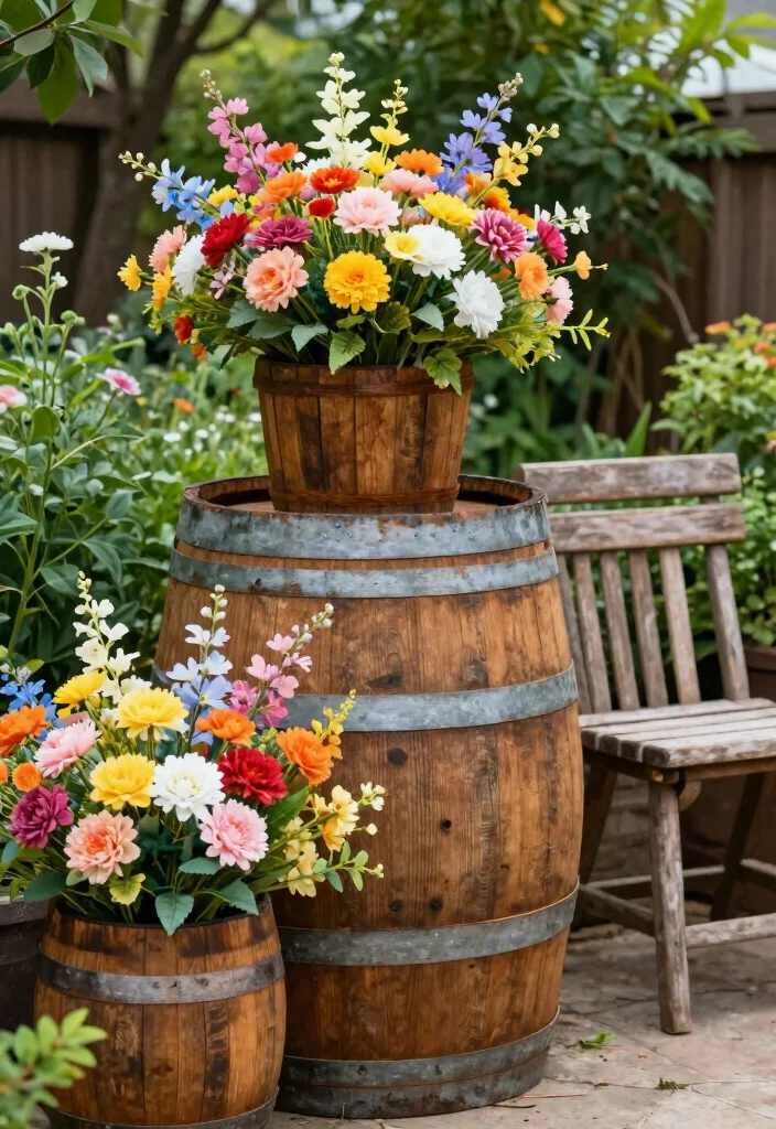 15 Outdoor Fake Flower Pot Ideas With Low Maintenance Charm 14 15 Outdoor Fake Flower Pot Ideas With Low Maintenance Charm - 14. Decorative Wooden Barrels 1
