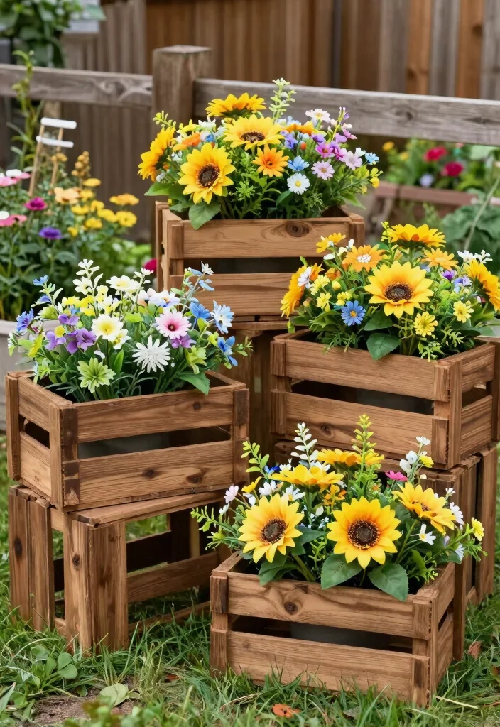15 Outdoor Fake Flower Pot Ideas With Low Maintenance Charm 3 15 Outdoor Fake Flower Pot Ideas With Low Maintenance Charm - 3. Rustic Wooden Crates 1