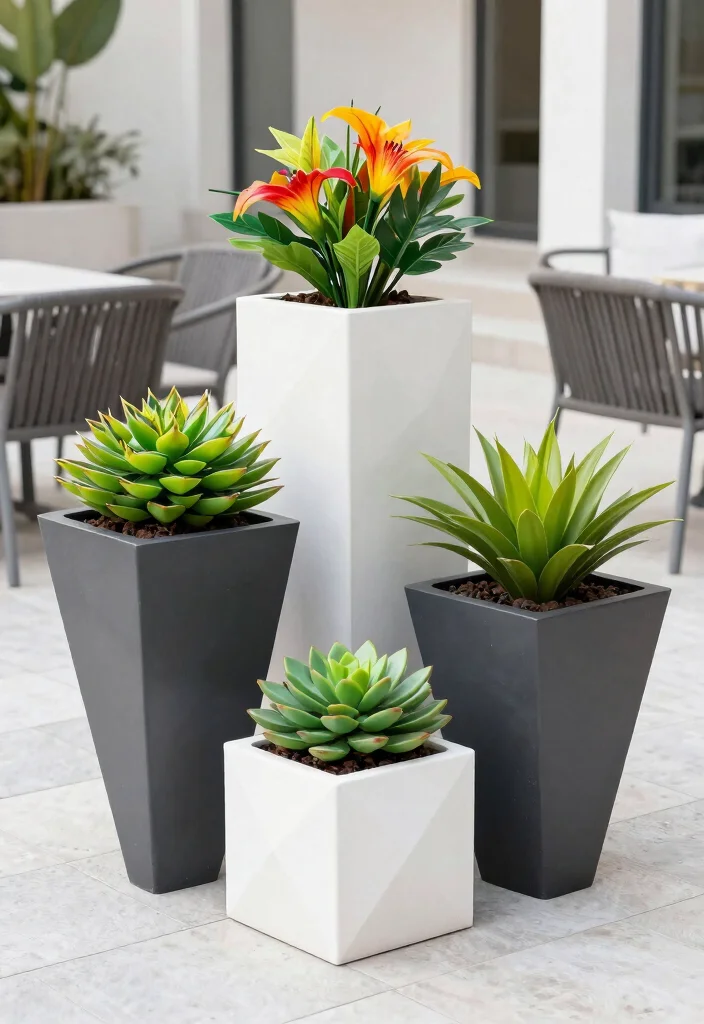 15 Outdoor Fake Flower Pot Ideas With Low Maintenance Charm 6 15 Outdoor Fake Flower Pot Ideas With Low Maintenance Charm - 6. Modern Geometric Planters 1
