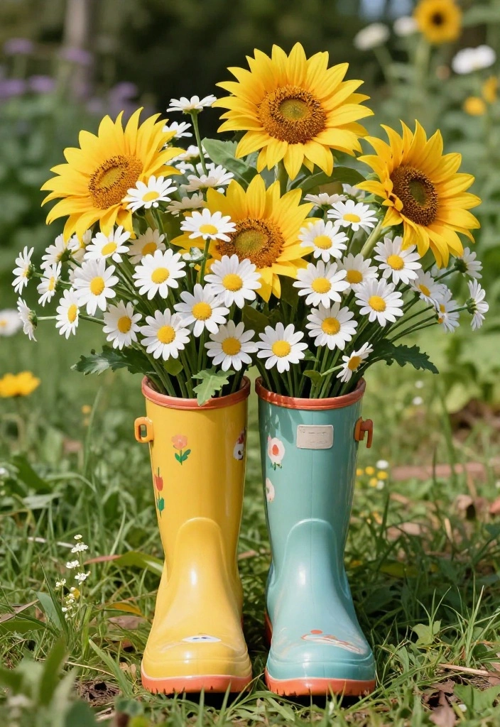 15 Outdoor Fake Flower Pot Ideas With Low Maintenance Charm 7 15 Outdoor Fake Flower Pot Ideas With Low Maintenance Charm - 7. Vintage Rain Boots 1