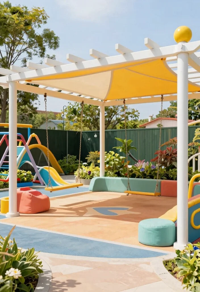 15 Pergola With Retractable Canopy Ideas for Flexible Shade - 12. Playful Kids’ Zone 1