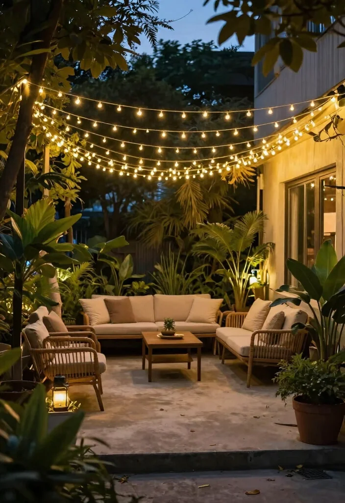 15 Small Concrete Patio Ideas That Feel Cozy & Modern 15 15 Small Concrete Patio Ideas That Feel Cozy & Modern - 15. Charming String Lights 1