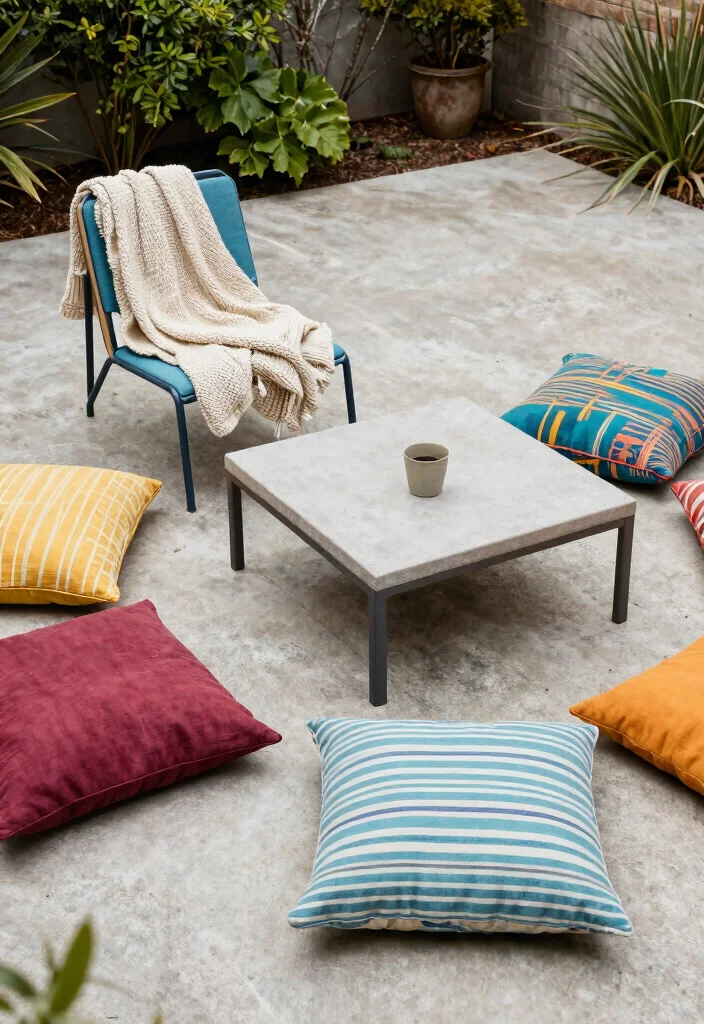 15 Small Concrete Patio Ideas That Feel Cozy & Modern 4 15 Small Concrete Patio Ideas That Feel Cozy & Modern - 4. Colorful Cushions and Throws 1