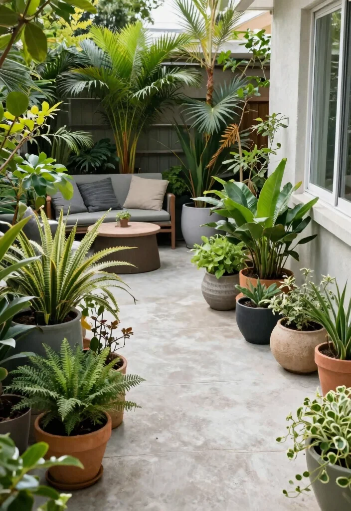 15 Small Concrete Patio Ideas That Feel Cozy & Modern 6 15 Small Concrete Patio Ideas That Feel Cozy & Modern - 6. Potted Plant Display 1