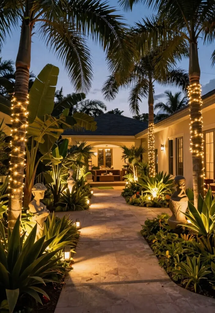 15 South Florida Landscape Ideas Front Yard With Tropical Vibes - 14. Lighting for Ambiance 1