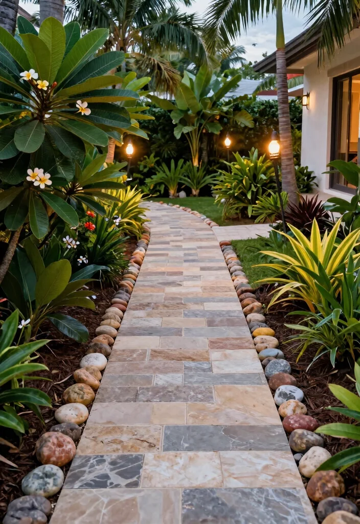 15 South Florida Landscape Ideas Front Yard With Tropical Vibes - 3. Pathway Enhancements with Tropical Touches 1