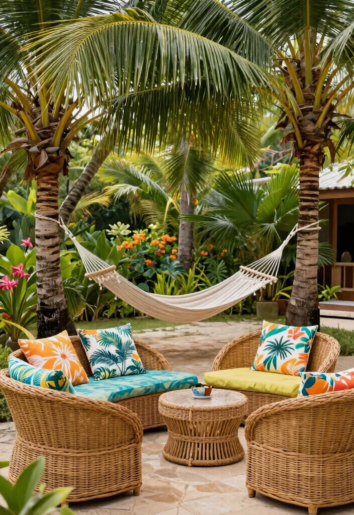 15 South Florida Landscape Ideas Front Yard With Tropical Vibes - 7. Tropical-Themed Outdoor Furniture 1