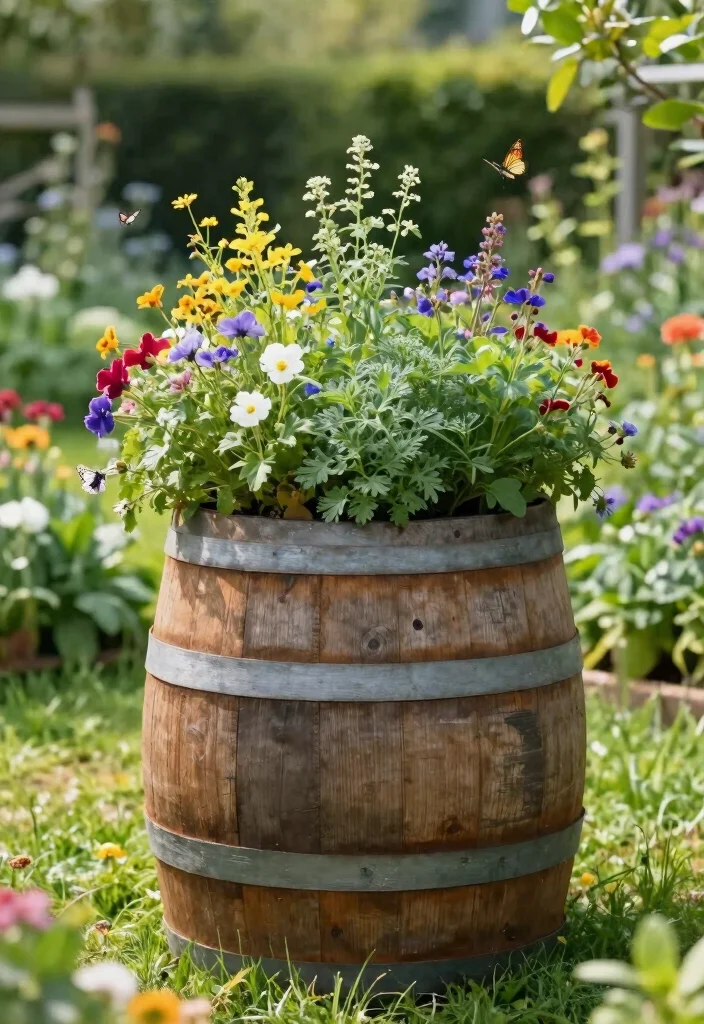 16 Easy Planter Ideas That Look Cute & Creative - 8. Barrel Planters 1
