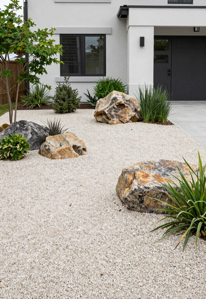 16 Minimal Front Yard Landscaping Ideas With Clean Modern Style - 3. Incorporate Gravel Beds 1