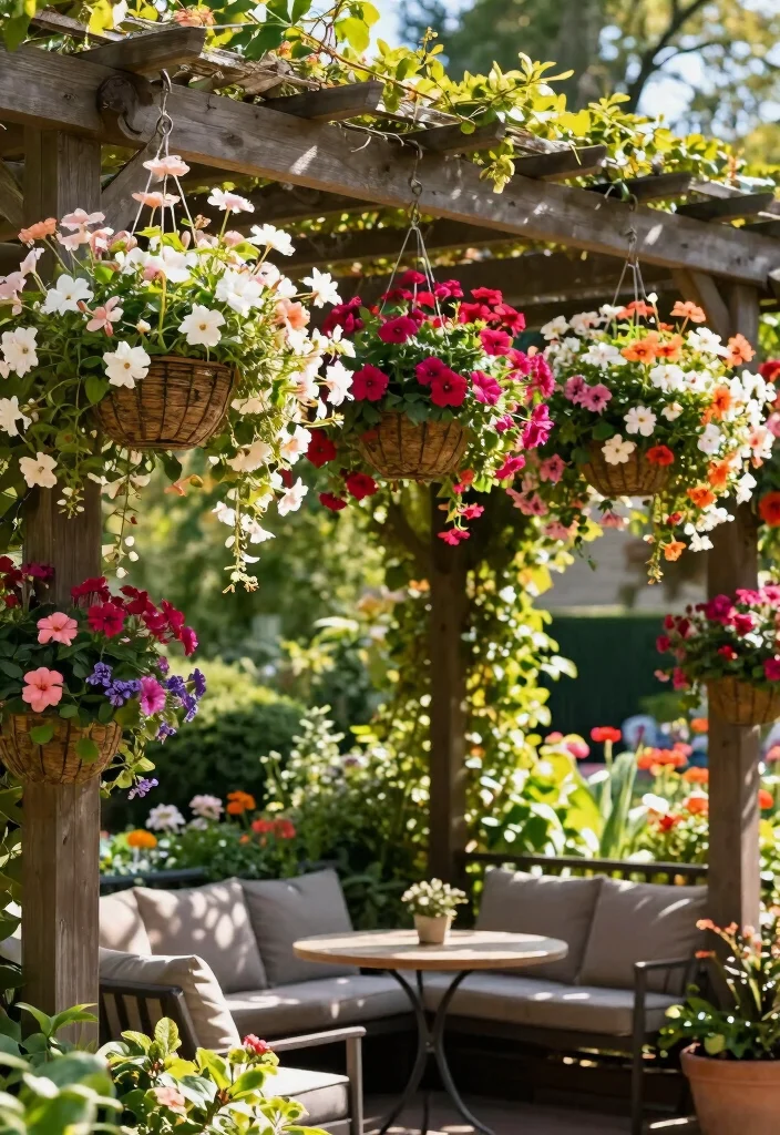 16 Pergola Wall Ideas That Add Privacy & Style - 14. Hanging Flower Baskets 1