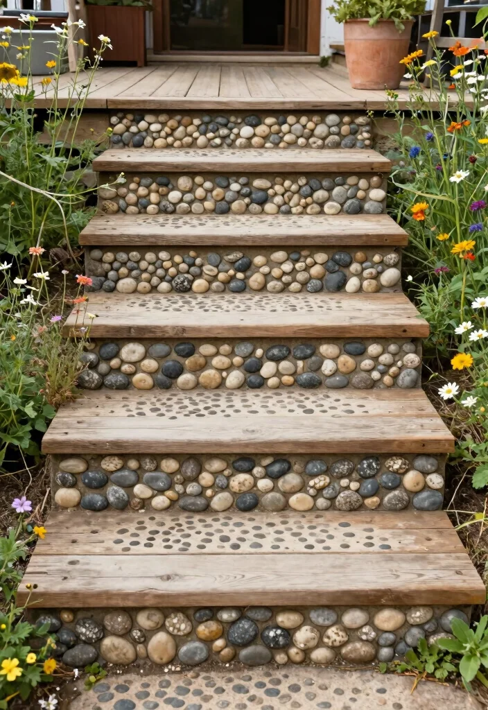 17 Back Door Steps to Patio Ideas With Seamless Flow - 11. Pebble and Wood Steps 1