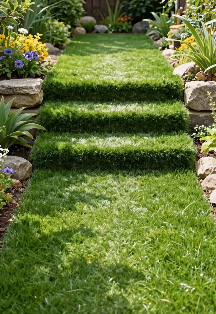 17 Back Door Steps to Patio Ideas With Seamless Flow - 15. Grassy Steps 1