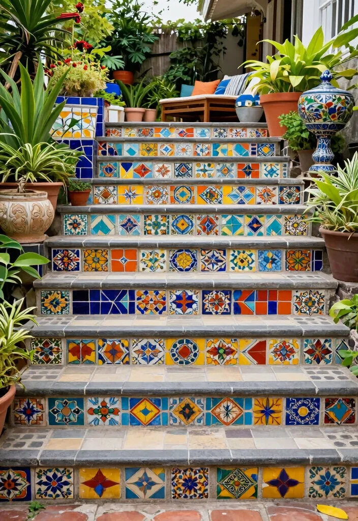 17 Back Door Steps to Patio Ideas With Seamless Flow - 16. Artistic Mosaic Steps 1