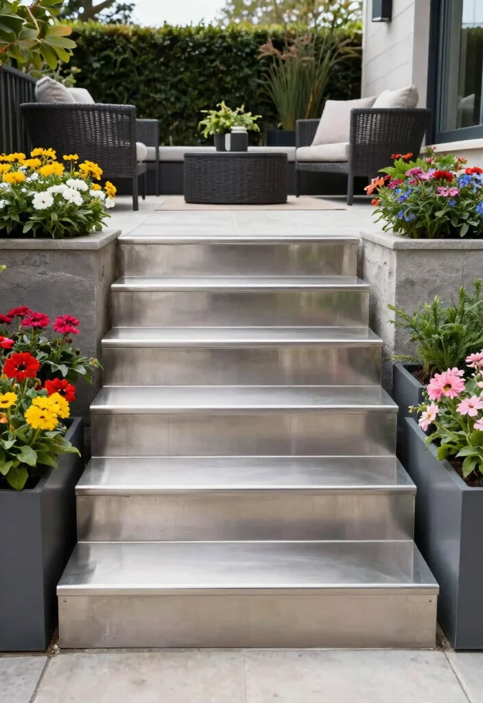 17 Back Door Steps to Patio Ideas With Seamless Flow - 6. Metal Steps with Garden Accents 1