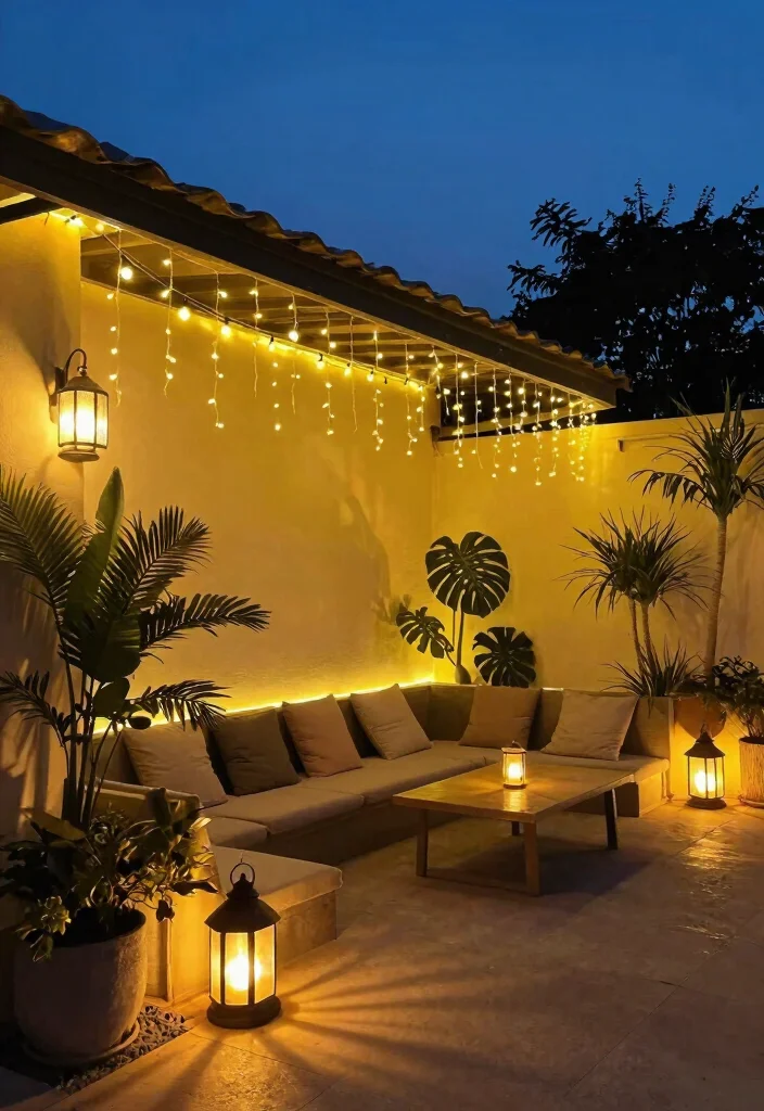 17 Patio Wall Decor Outdoor Ideas That Add Personality - 6. String Lights and Lanterns 1