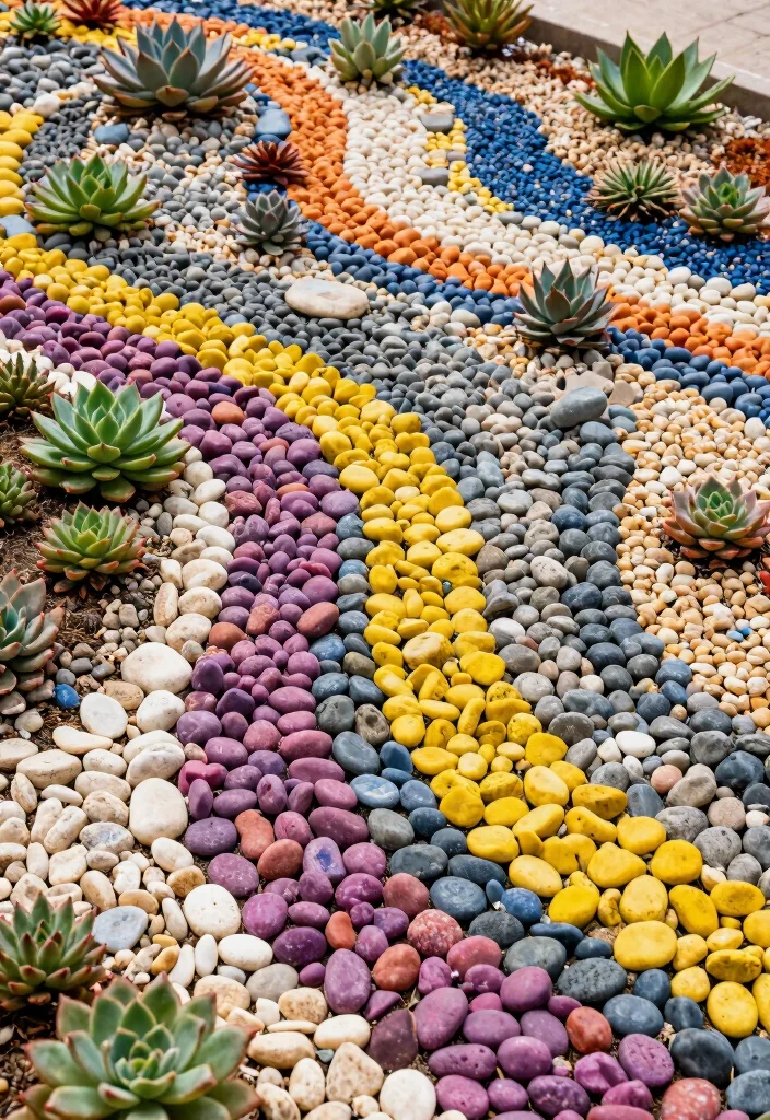 17 Rock Front Yard Landscaping Ideas With Bold Texture - 13. Colorful Pebble Gardens 1
