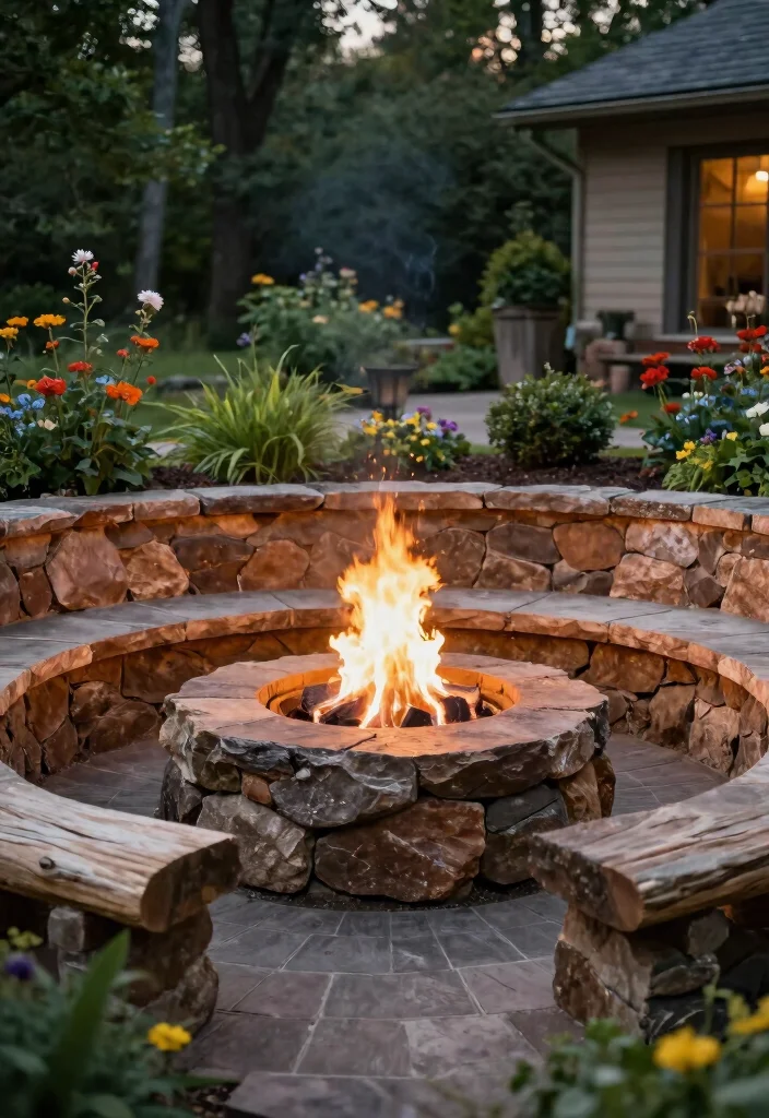 17 Rock Front Yard Landscaping Ideas With Bold Texture - 16. Rock Fire Pit for Cozy Gatherings 1