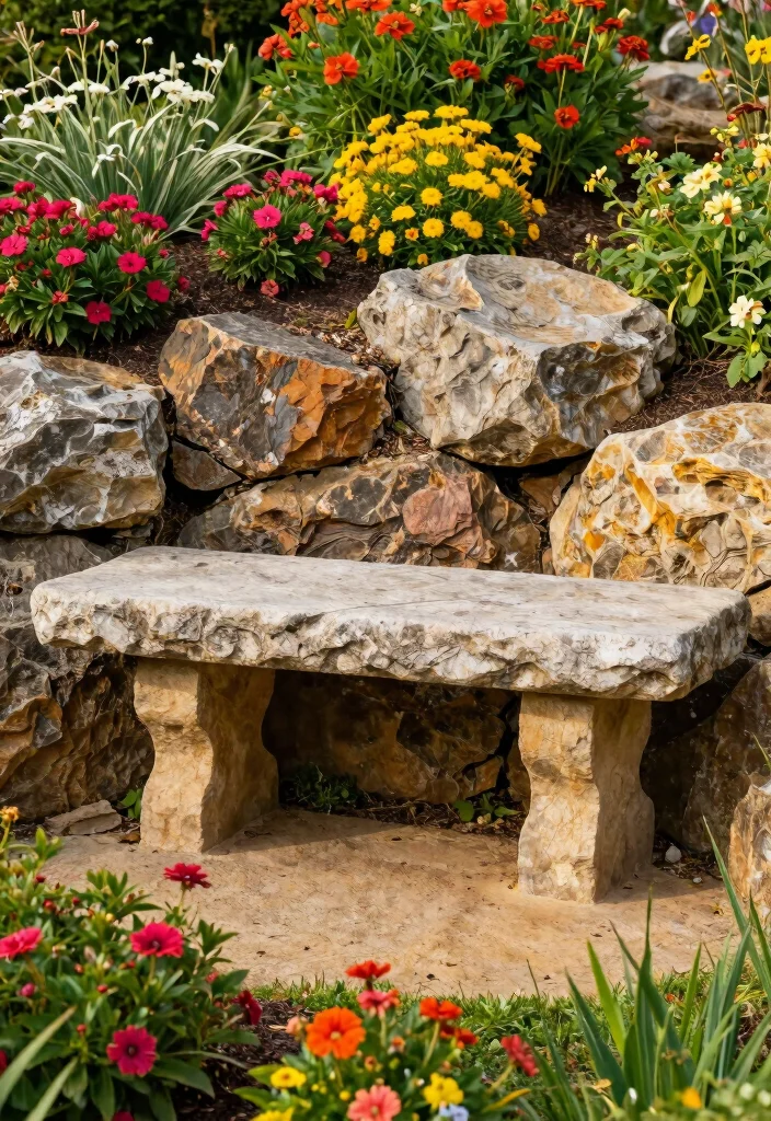 17 Rock Front Yard Landscaping Ideas With Bold Texture - 6. Stone Benches for Relaxation 1