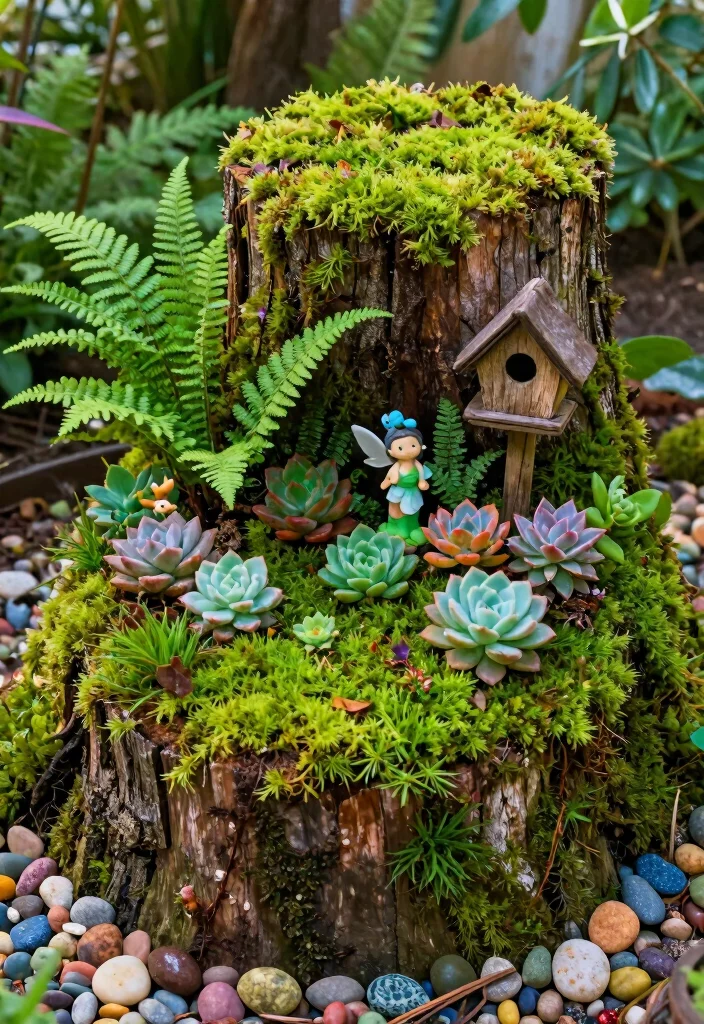 17 Tree Stump Planter Ideas With Natural Character - 1. Whimsical Fairy Garden Stump 1