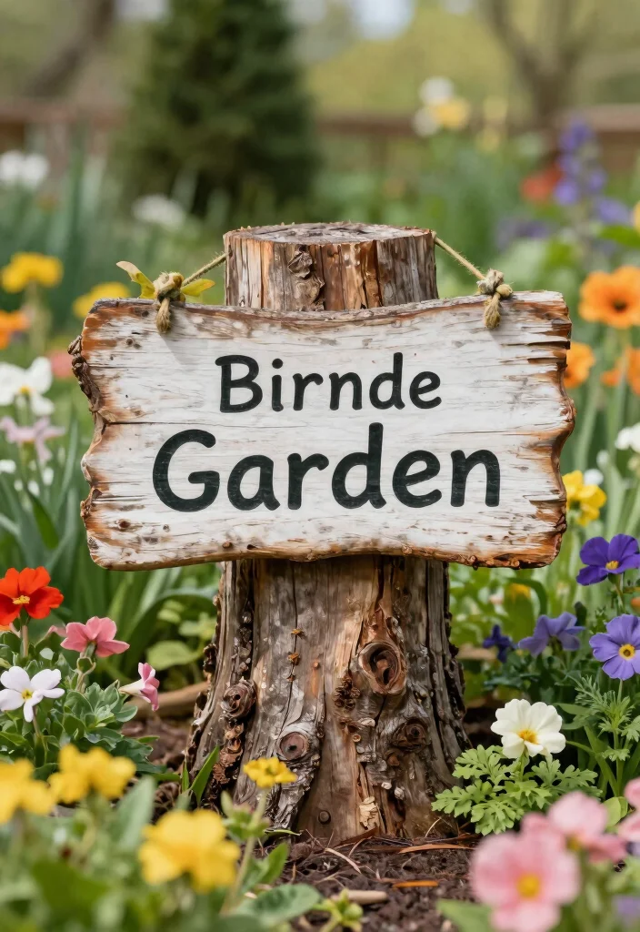 17 Tree Stump Planter Ideas With Natural Character - 10. Stump Garden Sign 1