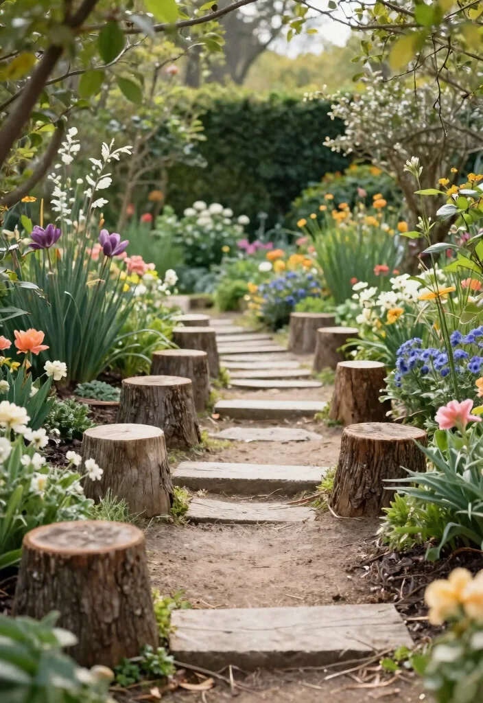 17 Tree Stump Planter Ideas With Natural Character - 12. Stump and Log Pathway 1