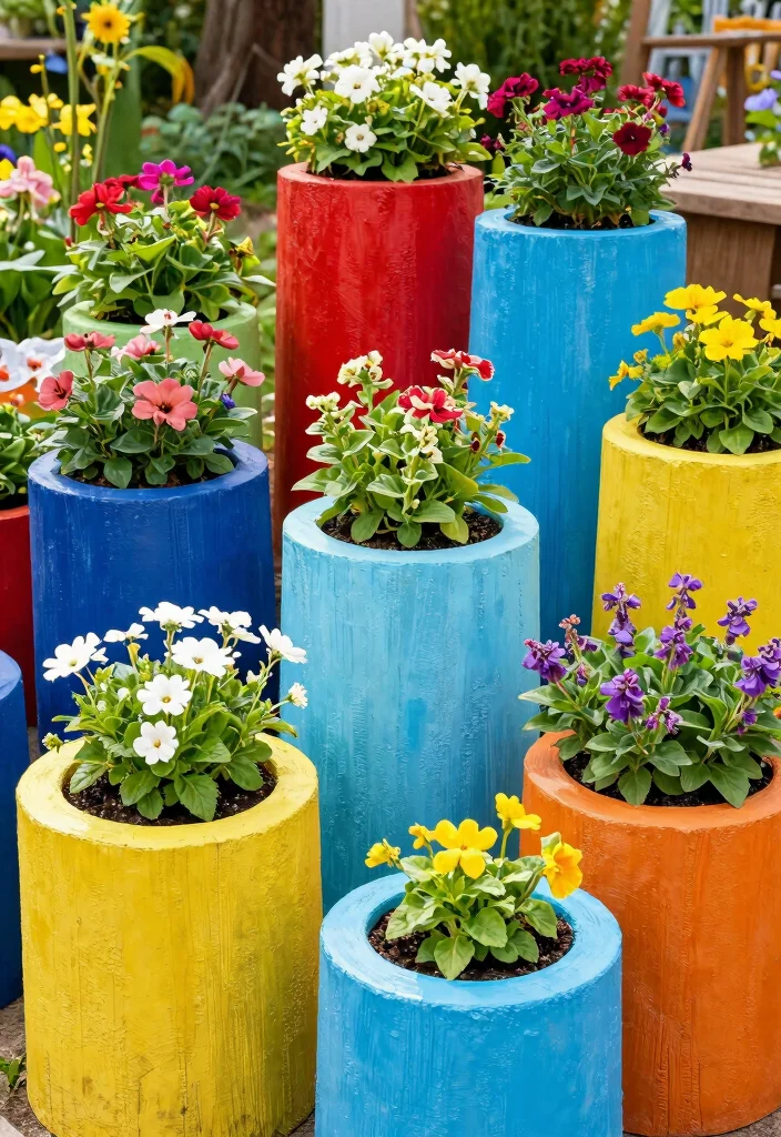 17 Tree Stump Planter Ideas With Natural Character - 13. Painted Stump Planters 1