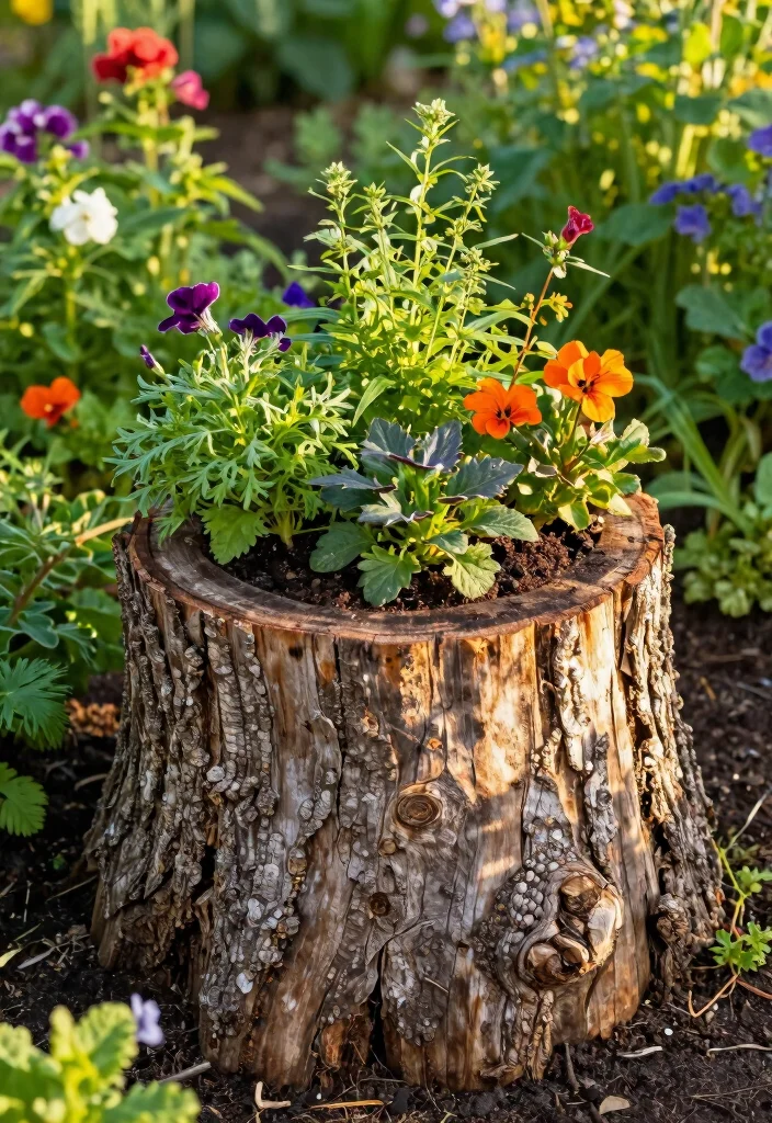 17 Tree Stump Planter Ideas With Natural Character - 15. Stump Planter with a Twist 1
