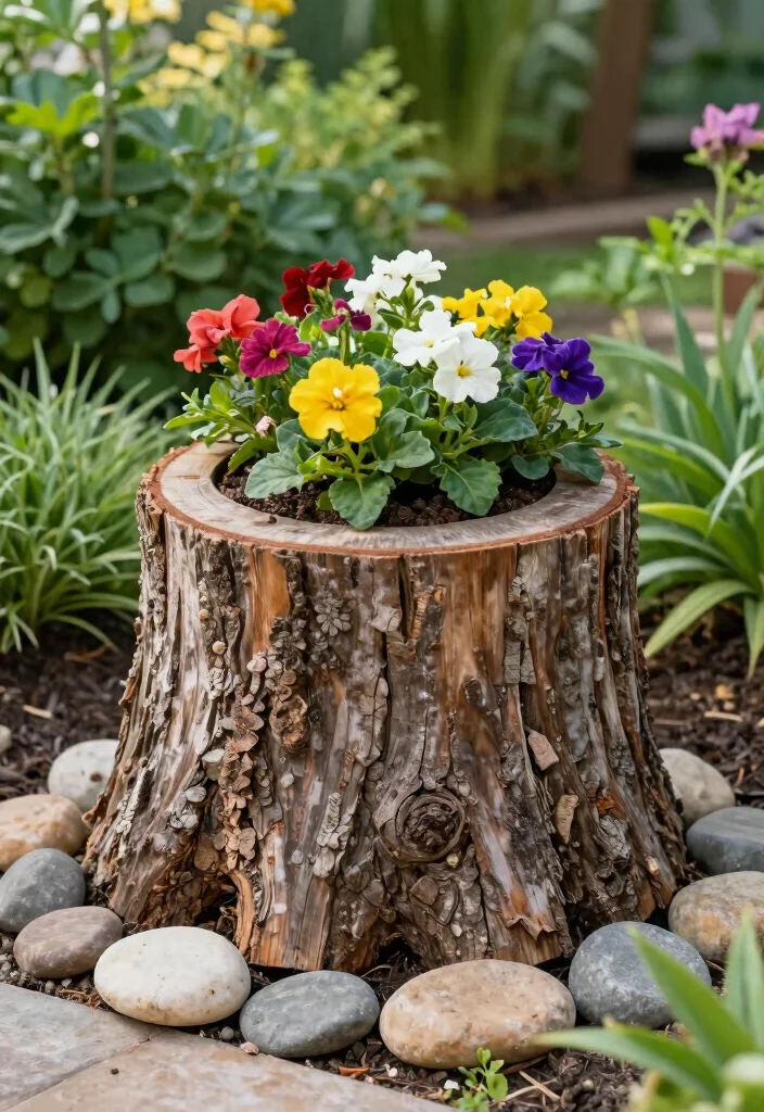 17 Tree Stump Planter Ideas With Natural Character - 16. Stump and Stone Combo Planter 1