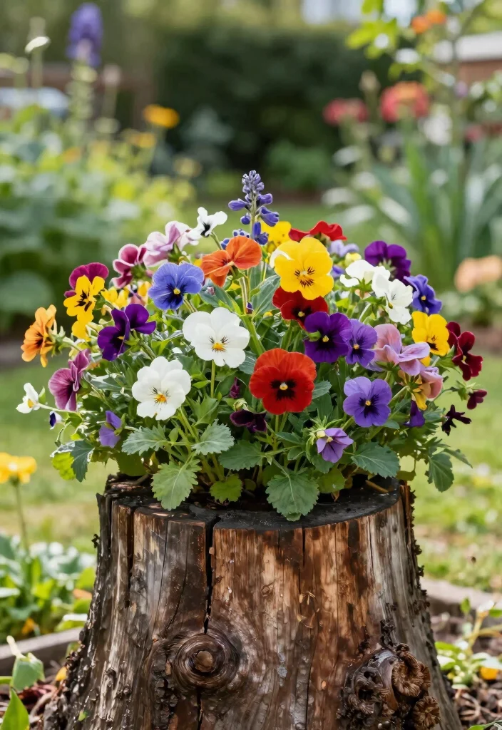 17 Tree Stump Planter Ideas With Natural Character - 17. Edible Flower Stump Planter 1