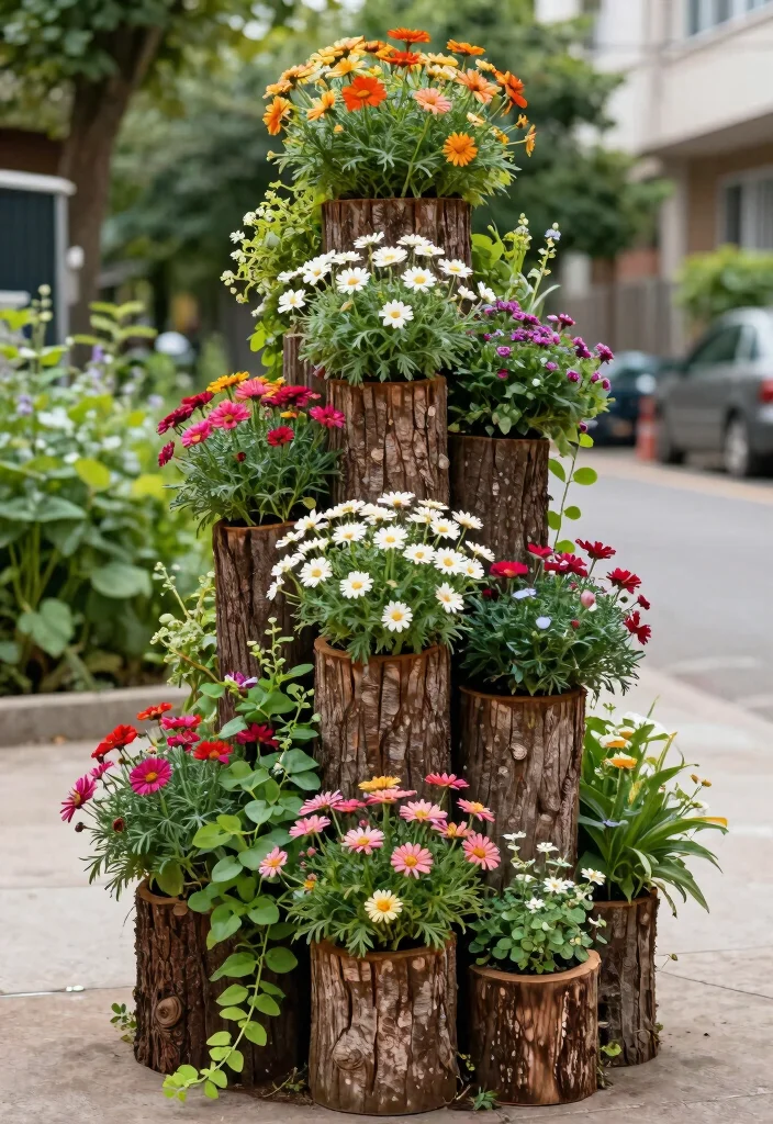 17 Tree Stump Planter Ideas With Natural Character - 3. Multi-Tiered Stump Planter 1