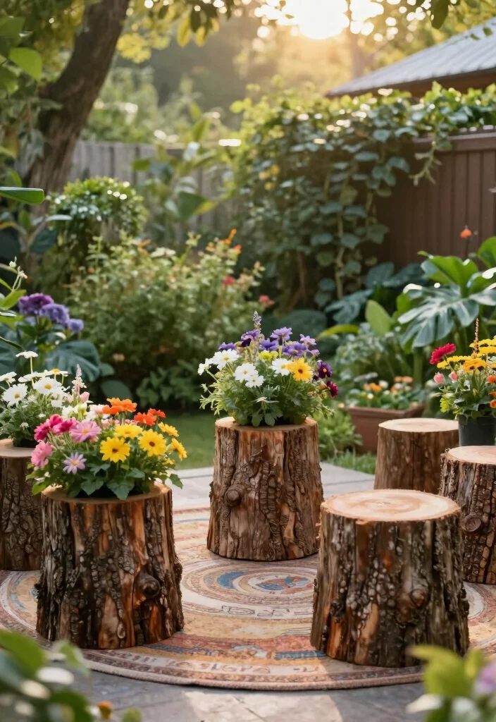 17 Tree Stump Planter Ideas With Natural Character - 4. Stump Seating with Planters 1
