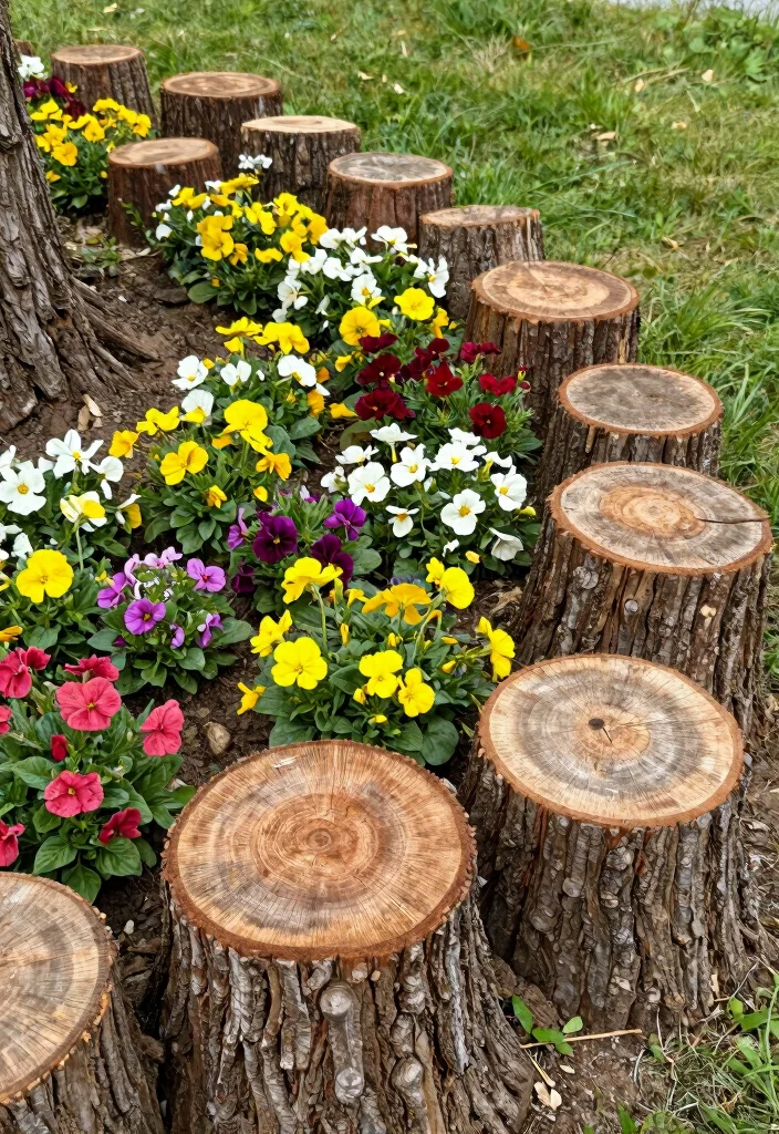 17 Tree Stump Planter Ideas With Natural Character - 6. Flower Bed Edging with Stumps 1