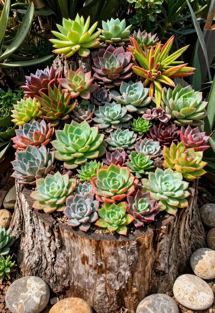 17 Tree Stump Planter Ideas With Natural Character - 7. Succulent Stump Garden 1