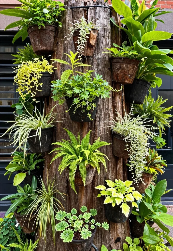 17 Tree Stump Planter Ideas With Natural Character - 9. Vertical Stump Garden Wall 1