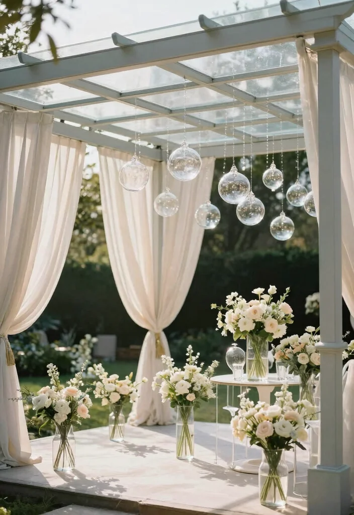 17 Wedding Pergola Decorations Ideas With Romantic Draping - 12. Elegant Glass Accents 1