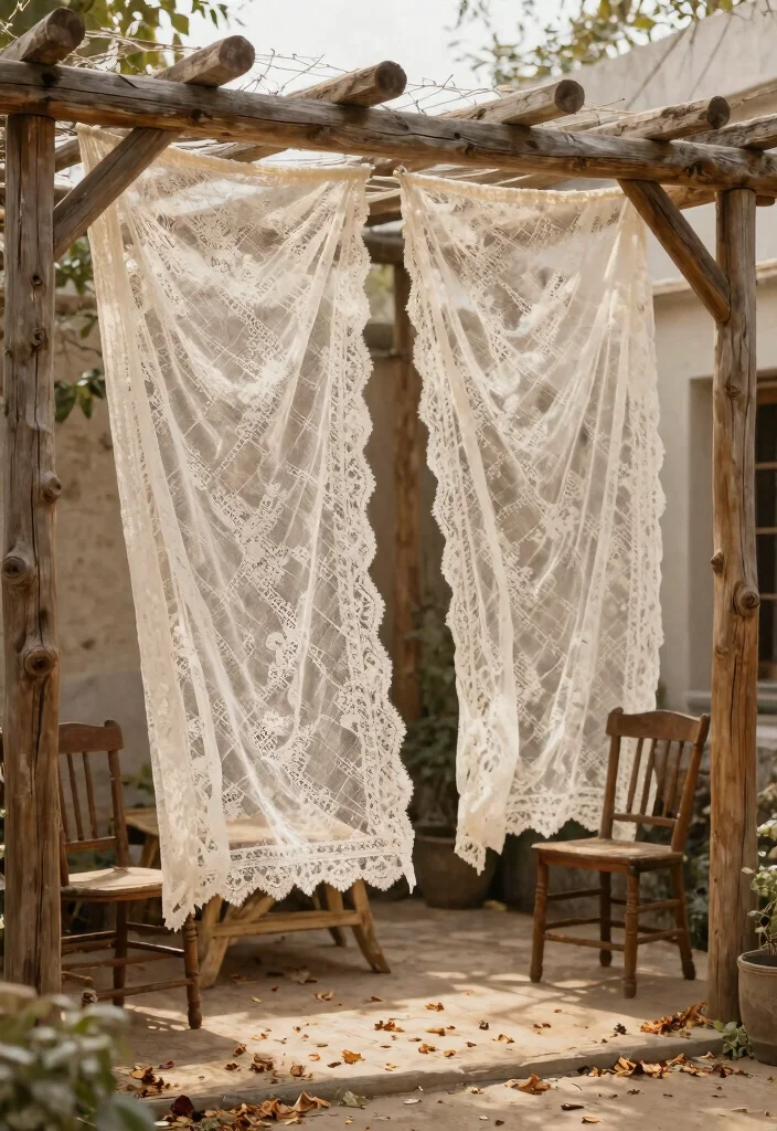 17 Wedding Pergola Decorations Ideas With Romantic Draping - 2. Rustic Wood and Lace 1