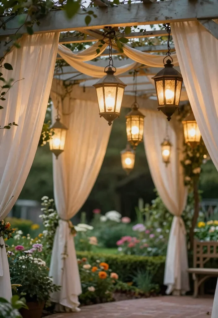 17 Wedding Pergola Decorations Ideas With Romantic Draping - 7. Vintage Lanterns 1