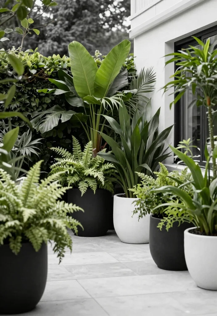 18 Black and White Patio Ideas With Bold Contrast - 10. Lush Greenery Against Monochrome Backdrops 1