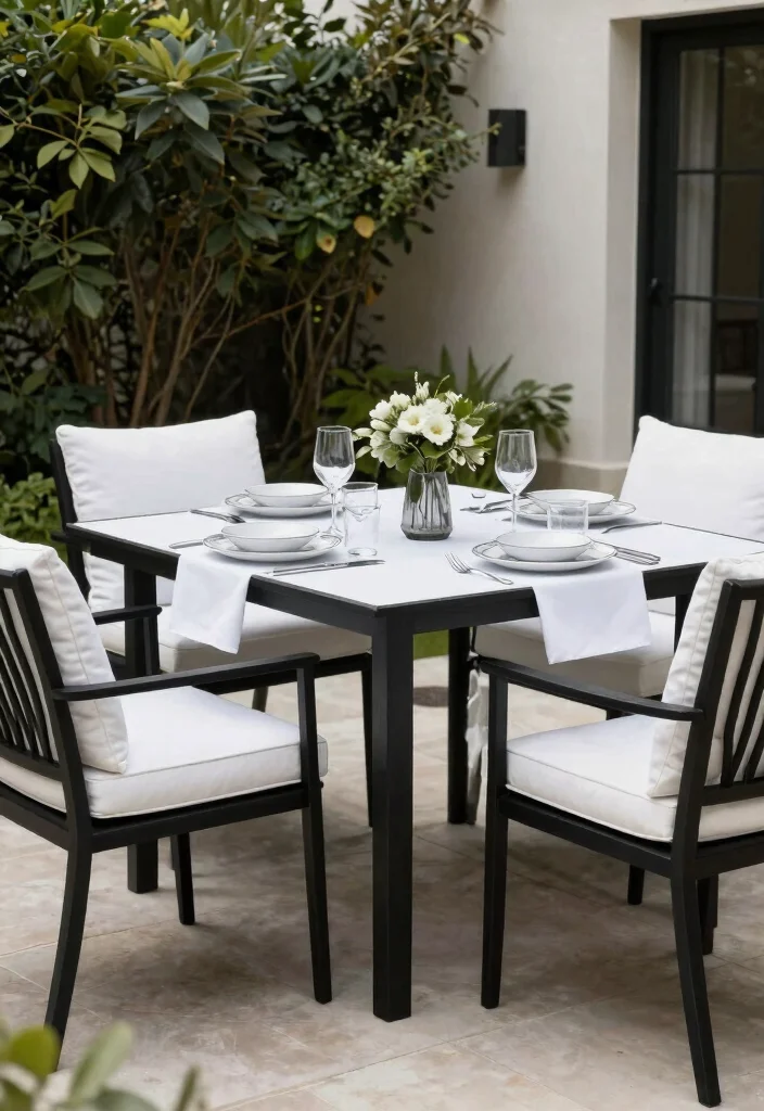 18 Black and White Patio Ideas With Bold Contrast - 11. Chic Monochrome Dining Sets 1