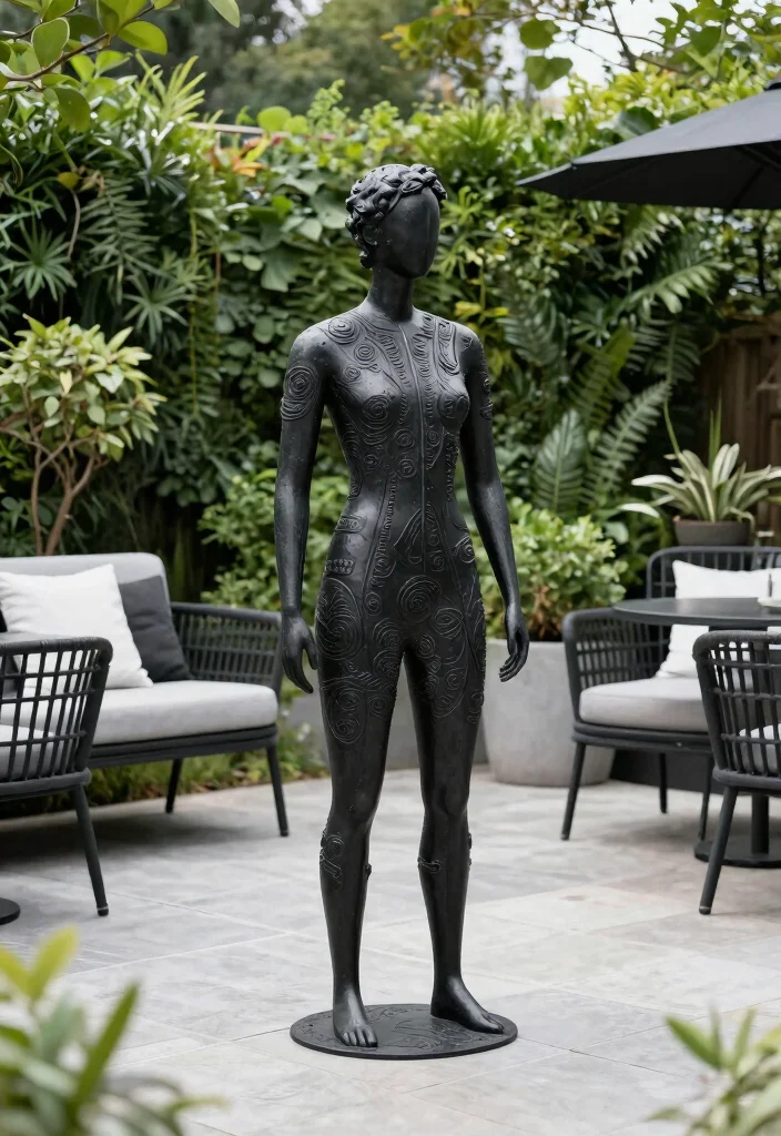 18 Black and White Patio Ideas With Bold Contrast - 14. Statement Garden Art 1