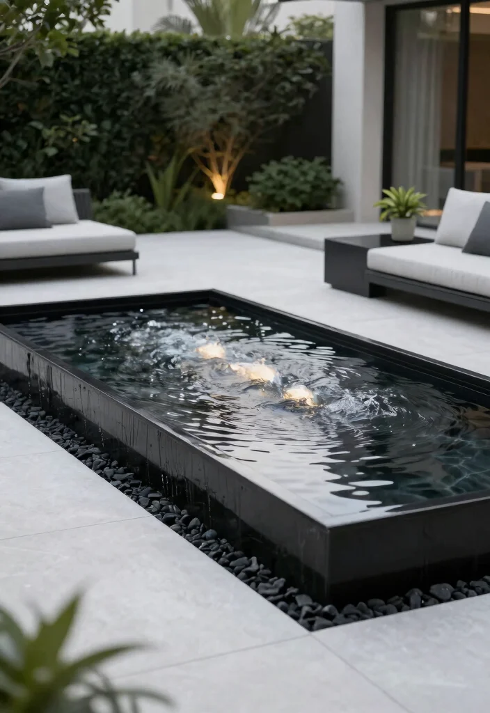 18 Black and White Patio Ideas With Bold Contrast - 17. Minimalist Water Features 1